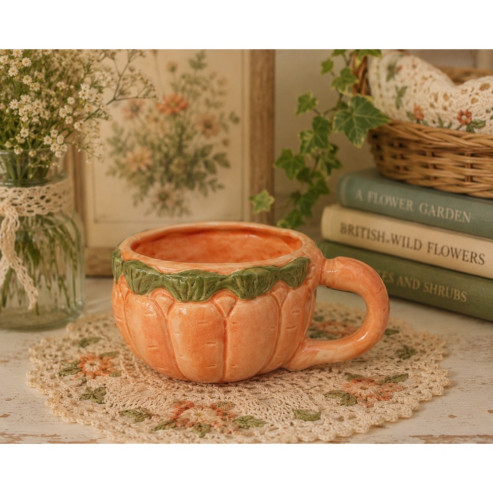 Novelty Carrot Mug Ceramic Orange Green Vegetable Coffee Tea Cup Cottagecore